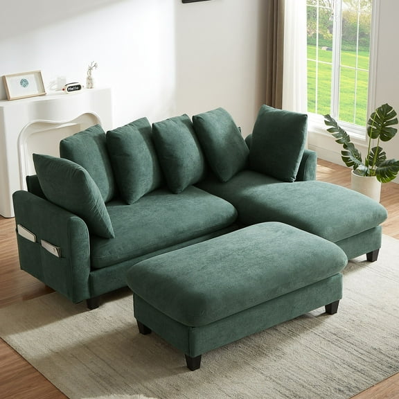 83" L-Shaped Sectional Sofa with Storage, Movable Ottoman & 6 Pillows - Green Chenille Upholstered Deep Seating Sofa for Living Room
