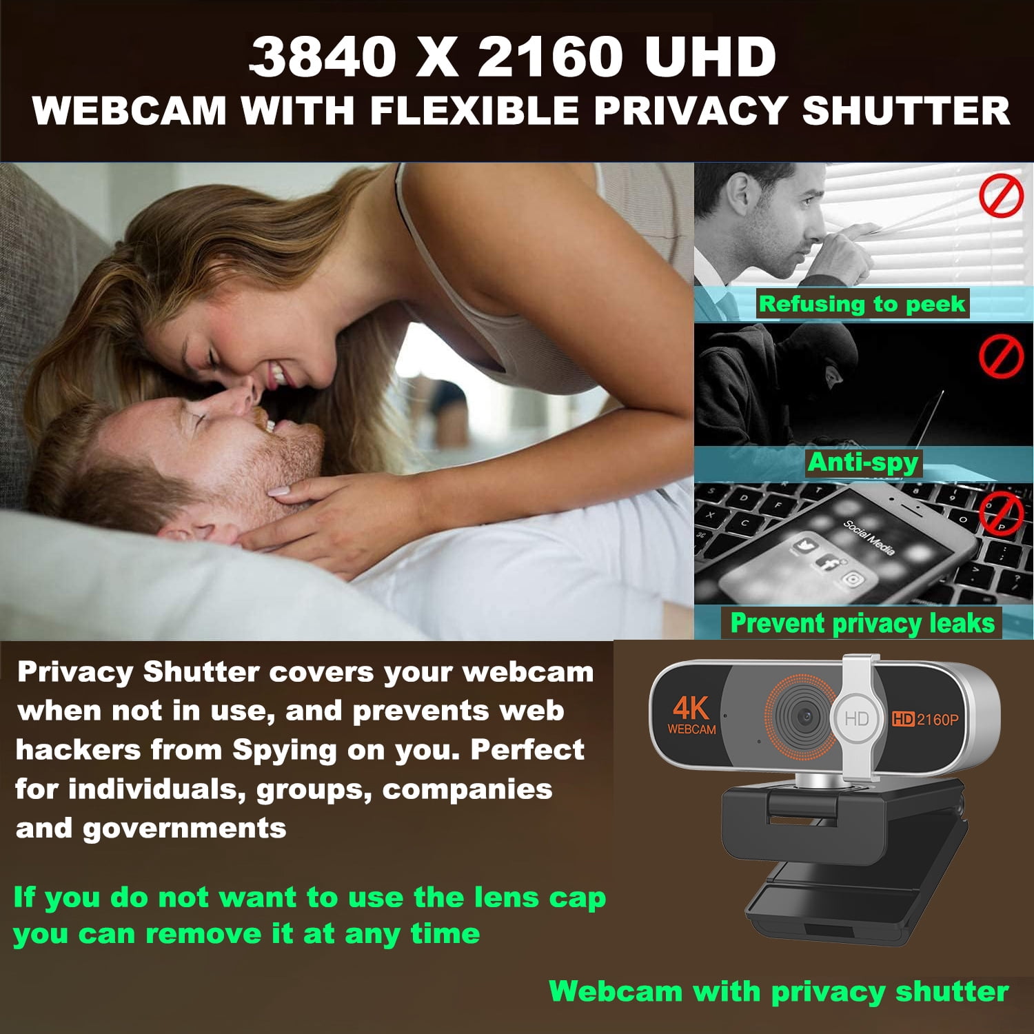 4K Webcam for PC, Auto-zoom,with remote control,Privacy Cover, White Balance, Webcam with Microphone, Plug & Play, 4K Web Camera for Laptop/Desktop, Video Calling,Conferencing