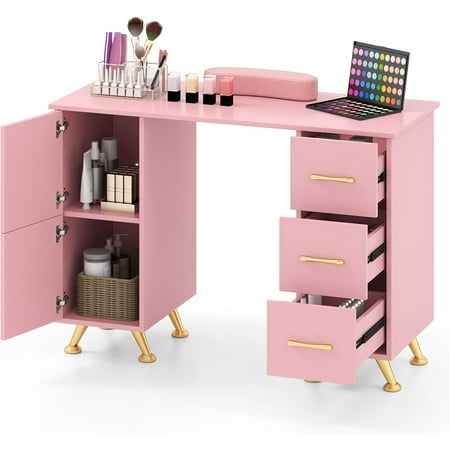 LDAILY Moccha Nail Desk Manicure Table w/ 3 Drawers & 2 Storage cabinets Wrist Rest 8 Metal Legs Acetone Resistant Nail Desk for Nail Tech Nail Table Station for Salon Beauty Home (Pink)