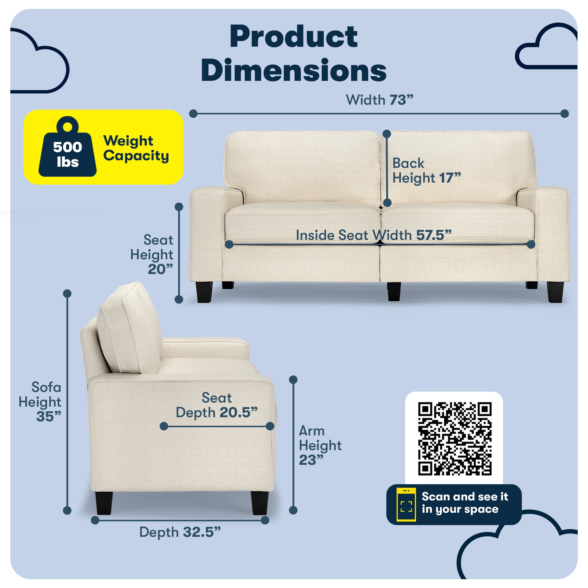 Serta Palisades 73" Track Arm Sofa, Easy Care Polyester, Loveseat or Couch for Small Spaces, Buttercream