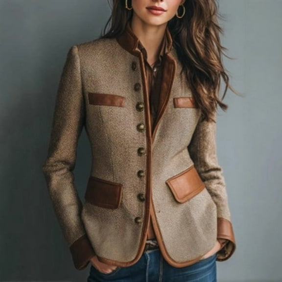 MORTTIC Women's Retro Elegant Jacket Color-Block Button Front Coat With Stand Collar For Casual Wear Brown,S