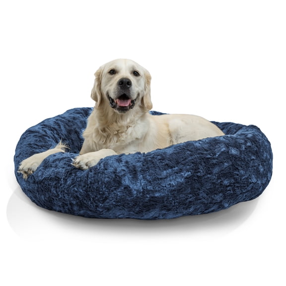 Best Friends by Sheri Original Calming Donut Dog and Cat Bed, Lux Faux Fur, Navy Blue, (36in x 36in) - Anxiety Relief for Pets Up to 100 lbs