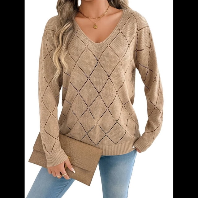 Suéter de Crochet para Mujer, Top de Larga Calada, Conjuntos de Otoño, Moda Caqui S