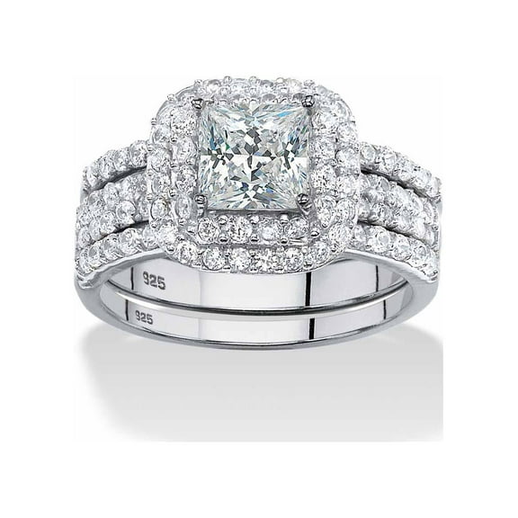 PalmBeach Jewelry 2.37 TCW Cut Cubic Zirconia Gold-Plated or Platnium-Plated or Sterling Silver 3-Piece Double Halo Bridal Ring Set