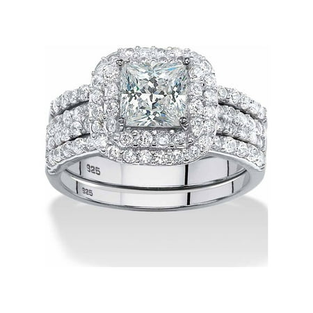 PalmBeach Jewelry 2.37 TCW Cut Cubic Zirconia Gold-Plated or Platnium-Plated or Sterling Silver 3-Piece Double Halo Bridal Ring Set