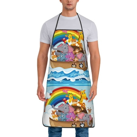 

Naloa 1Pack Adjustable Bib Apron Waterdrop Resistant Cooking Kitchen Aprons for Women Men Chef Rainbow Animals on Noah s Ark Print