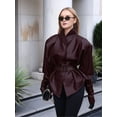thumbnail image 6 of Women'S Faux Leather Jacket with Stand-Up Collar and Belted Waist Wine Red S, 6 of 10