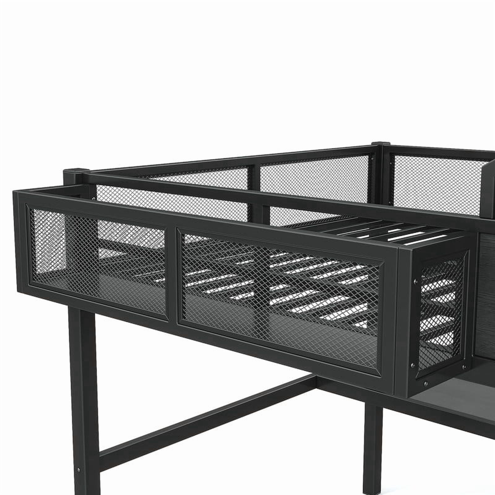 Full Size House Shaped Kids Loft Bed with Slide, Teens Metal Bed Frame with LED Lights, Desk, Power Outlet & Storage Shelf
