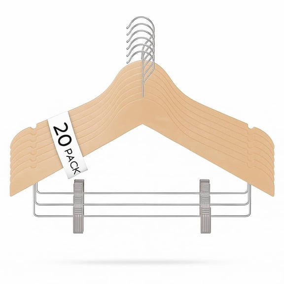USTECH Wood like Hanger Bowed Shaped with Clips | Heavy Duty Wood Finish Hanger for Suits, Pants, and Skirts | Closet Space Saver with Shoulder Notch for Strappy Dresses | 20 Pack