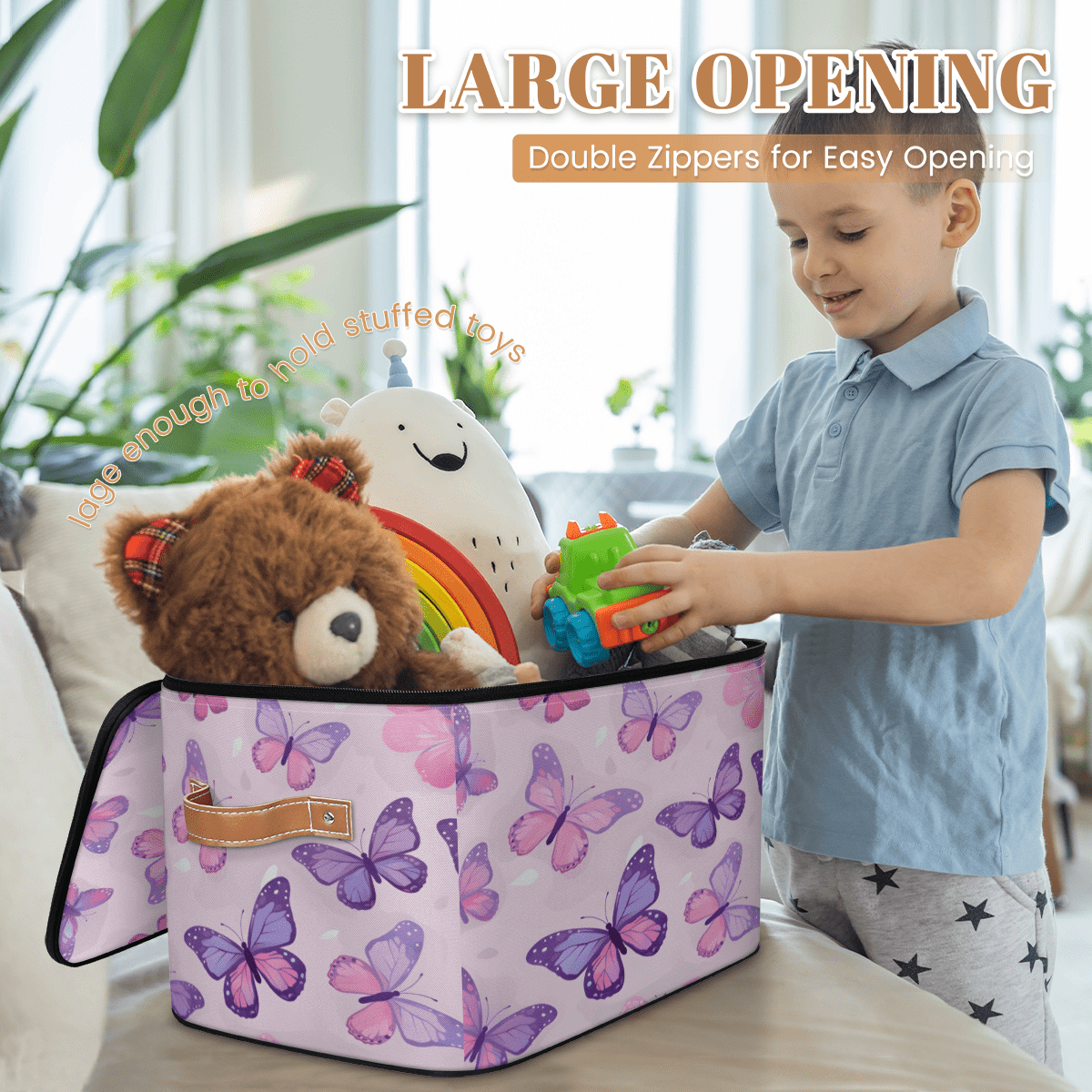 ADECORIVY Butterfly Storage Bin with Lid Fabric Purple Pink Foldable Storage Baskets Boxes for Clothes Shelves Closet Organizer Containers with Leather Handles for Wardrobe