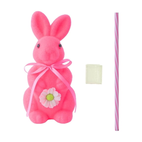 Pink Flocked Bunny Easter Decorations with Bow Tie, Rabbit Figurines for Easter Tabletop Home Office Party Table Centerpiece Decor(Including Straws)