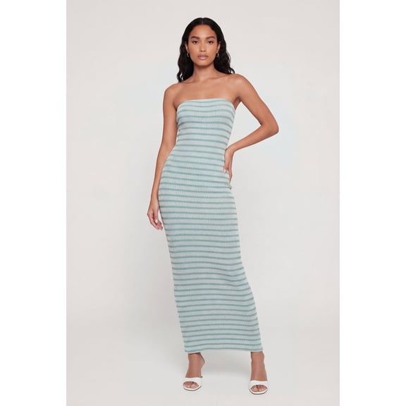 Women's Striped Ribbed Knit Strapless Maxi Dress with Back Slit