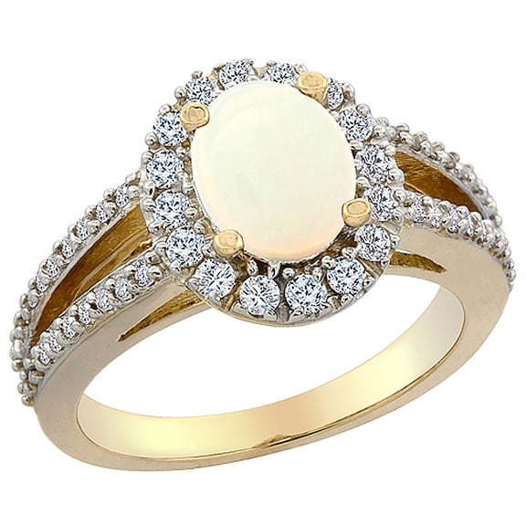 14K Yellow Gold Natural Opal Halo Ring Oval 8x6 mm with Diamond Accents, size 6