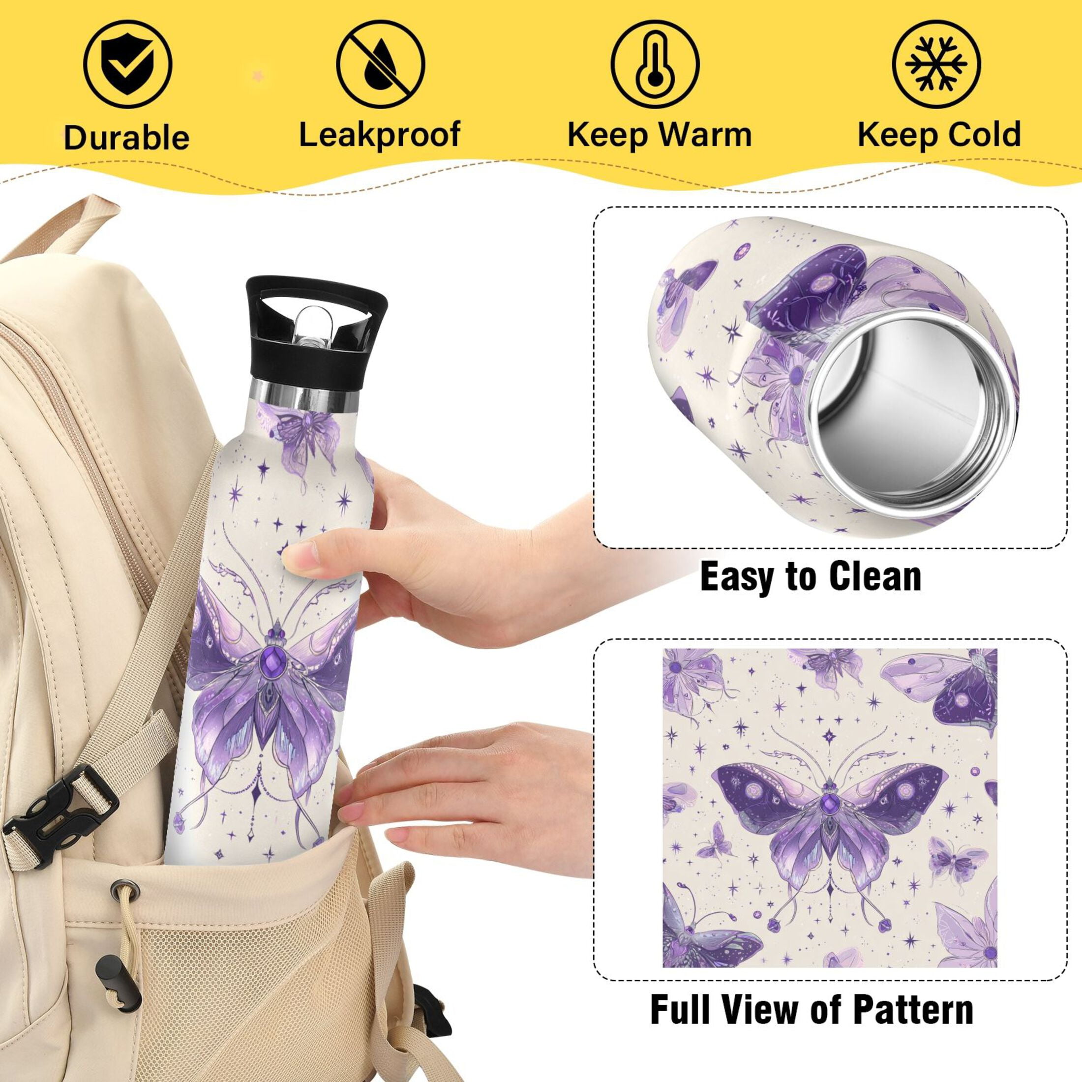 600ML Stainless Steel Insulated Cup Sports Water Bottle Portable Thermos Cup Water Glasses Insulated Tumblers Convenient and Durable Beautiful Purple Butterflies