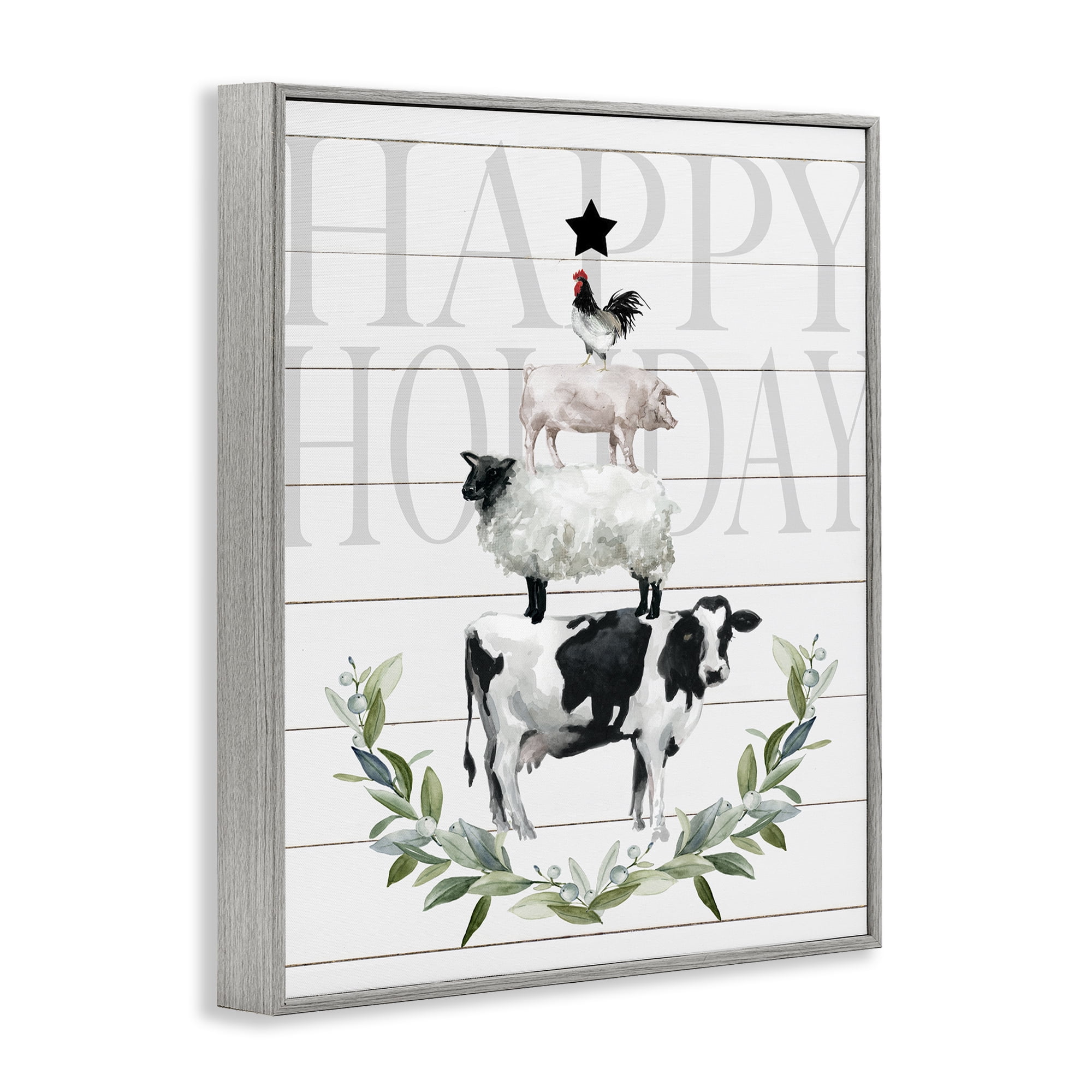 Stupell Industries Happy Holiday Farm Animals Holiday Painting Gray Framed Art Prints Wall Art, 16 x 20