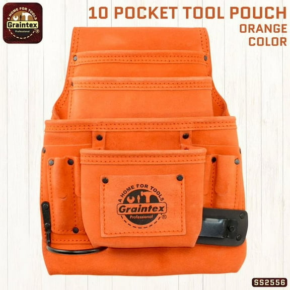 Graintex SS2556 :: 10 POCKET NAIL & TOOL POUCH ORANGE COLOR SUEDE LEATHER