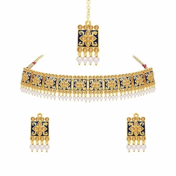 Majestic Gold Plated Blue Stone & Pearl Choker Necklace Set With Earrings & Maang Tikka For Women