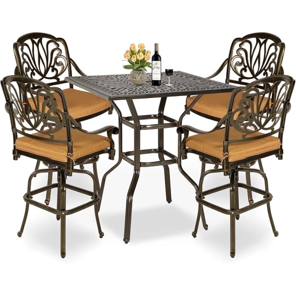 MEETWARM 5-Piece Patio Swivel Bar Set, All-Weather Cast Aluminum Outdoor High Bar Stool Bistro Set for Backyard Garden with 4 Cushions Bar Chairs with Footrest and 35.4" Bar Table, 2.2" Umbrella Hole