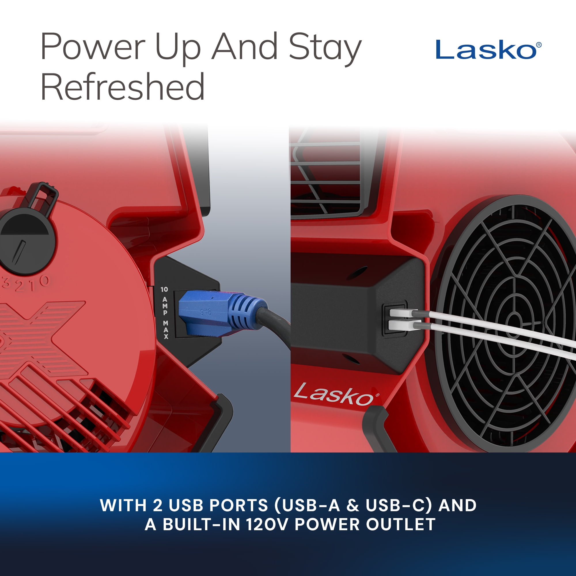 Lasko X-Blower 11" High Velocity Utility Blower Fan with USB Ports and Built-In Outlet for Cooling and Drying, Red, X12900