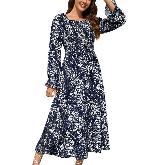 IROINNID Semi Formal Dress for Women Long Sleeve Empire Dress Fall And Winter New Floral Dress Slim Lantern Sleeve Tie Cake Dress,Blue