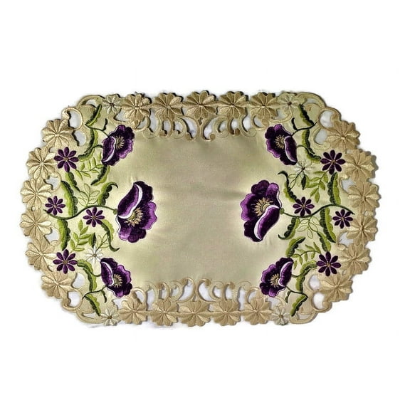 Doily Boutique Place Mat or Doily with Purple Poppy Flowers on Ivory Fabric, Size 17 x 11 inches