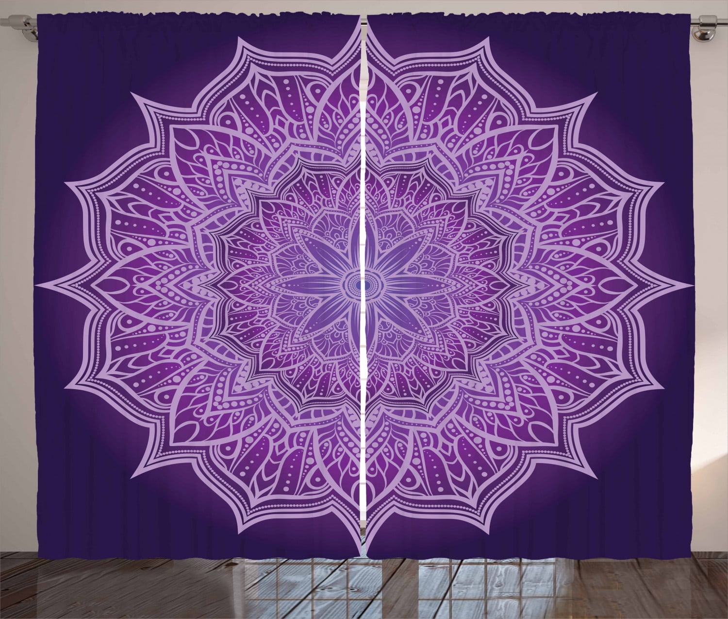 Purple Mandala Curtains 2 Panels Set, Hand-Drawn Doodle Lace Mandala