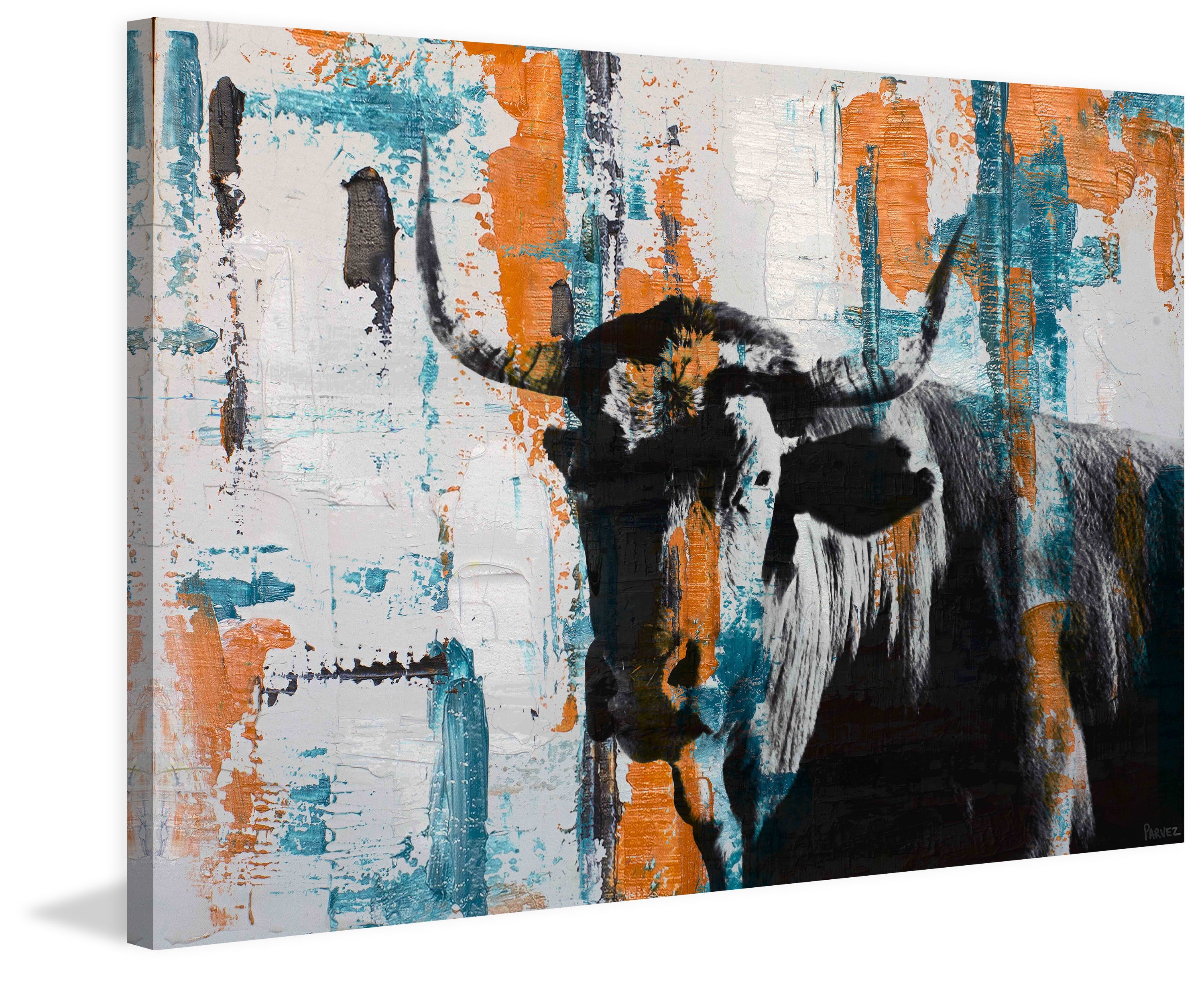 "Orange Teal Steer" Painting Print on Wrapped Canvas