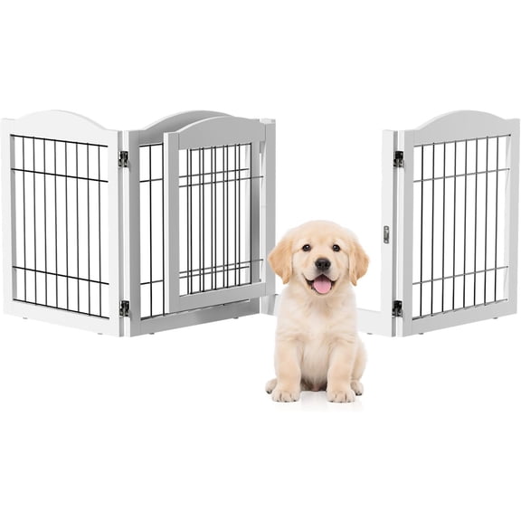 Freestanding Dog Gate with Door, Pet Gate with Walk Through Door, Foldable Pet Safety Fence for Stairs Doorways Fireplace (24" H - 4 Panels)