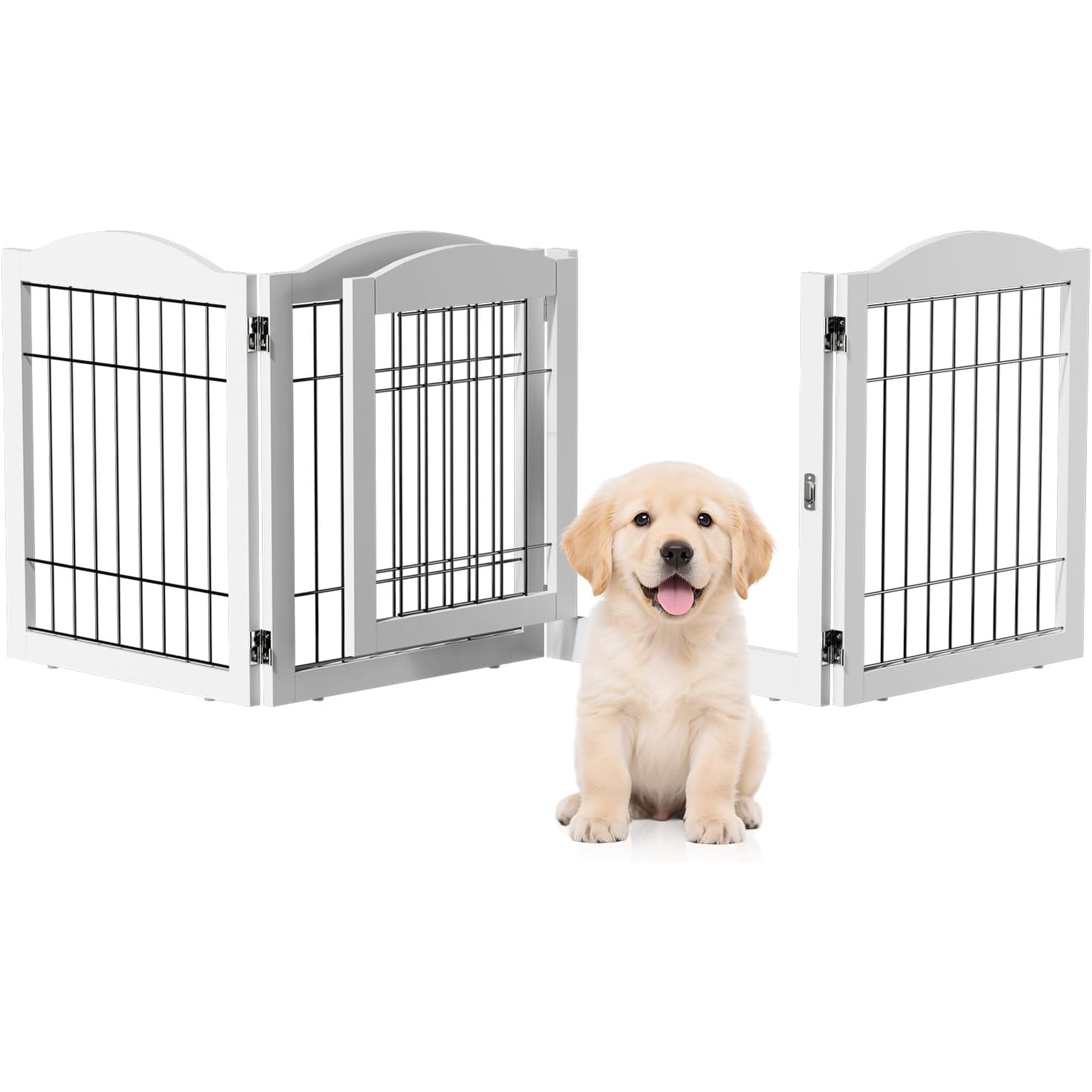 Freestanding Dog Gate with Door, Pet Gate with Walk Through Door, Foldable Pet Safety Fence for Stairs Doorways Fireplace (24" H - 4 Panels)