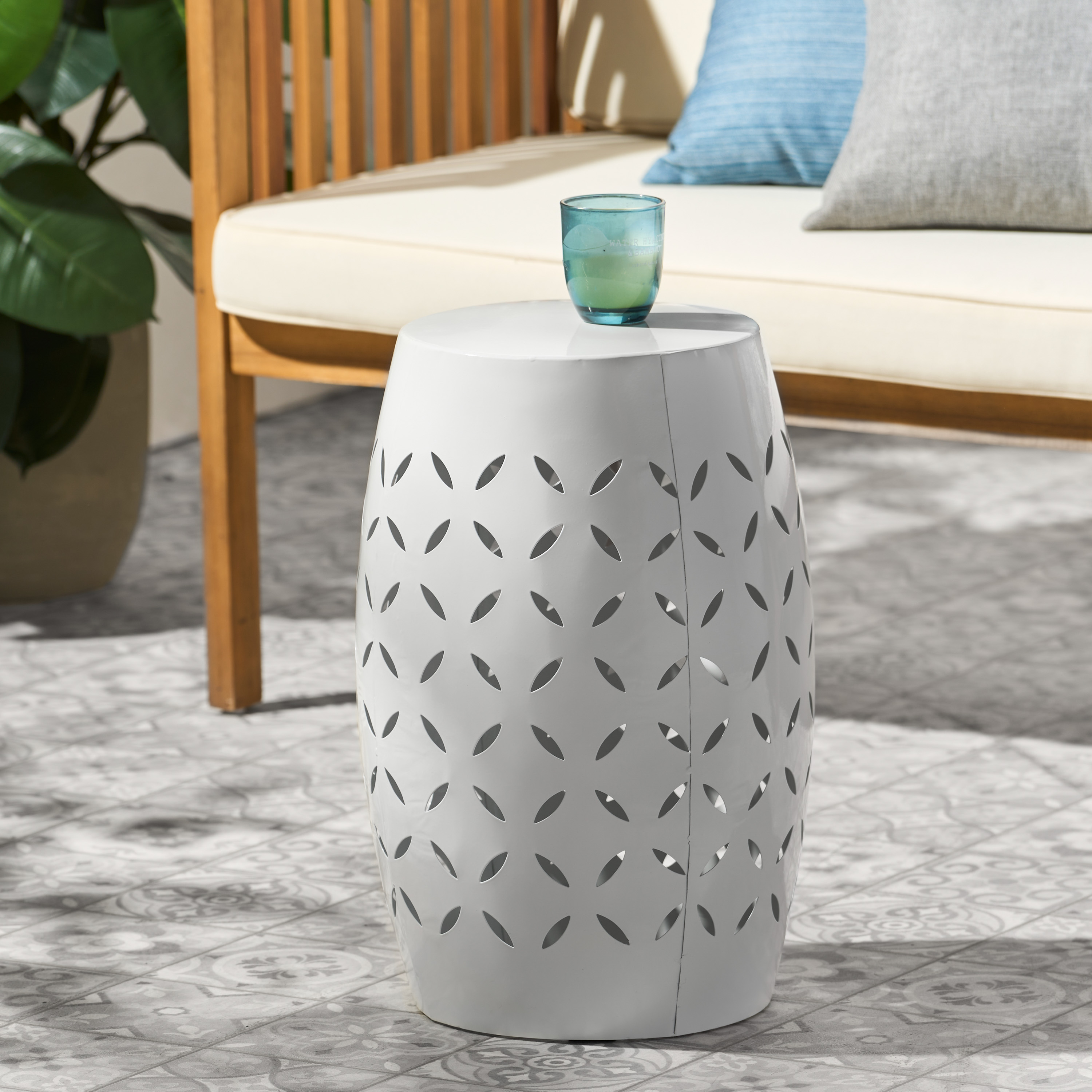 Euroco Lilac 12" Accent Side Table, Cylindrical Design End Table for Living Room, Family Room, or Entryway, Industrial Style,Coffee Side Tables for Indoor Outdoor, White Color