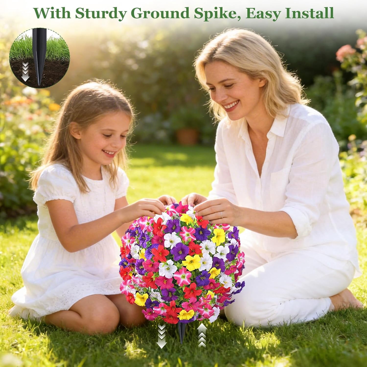 Yastouay 2 Packs Artificial Flowers Topiary Balls with Ground Spikes,23 Inch Colorful UV Resistant Faux Boxwood with Petunias Flowers for Outdoor Garden Decor