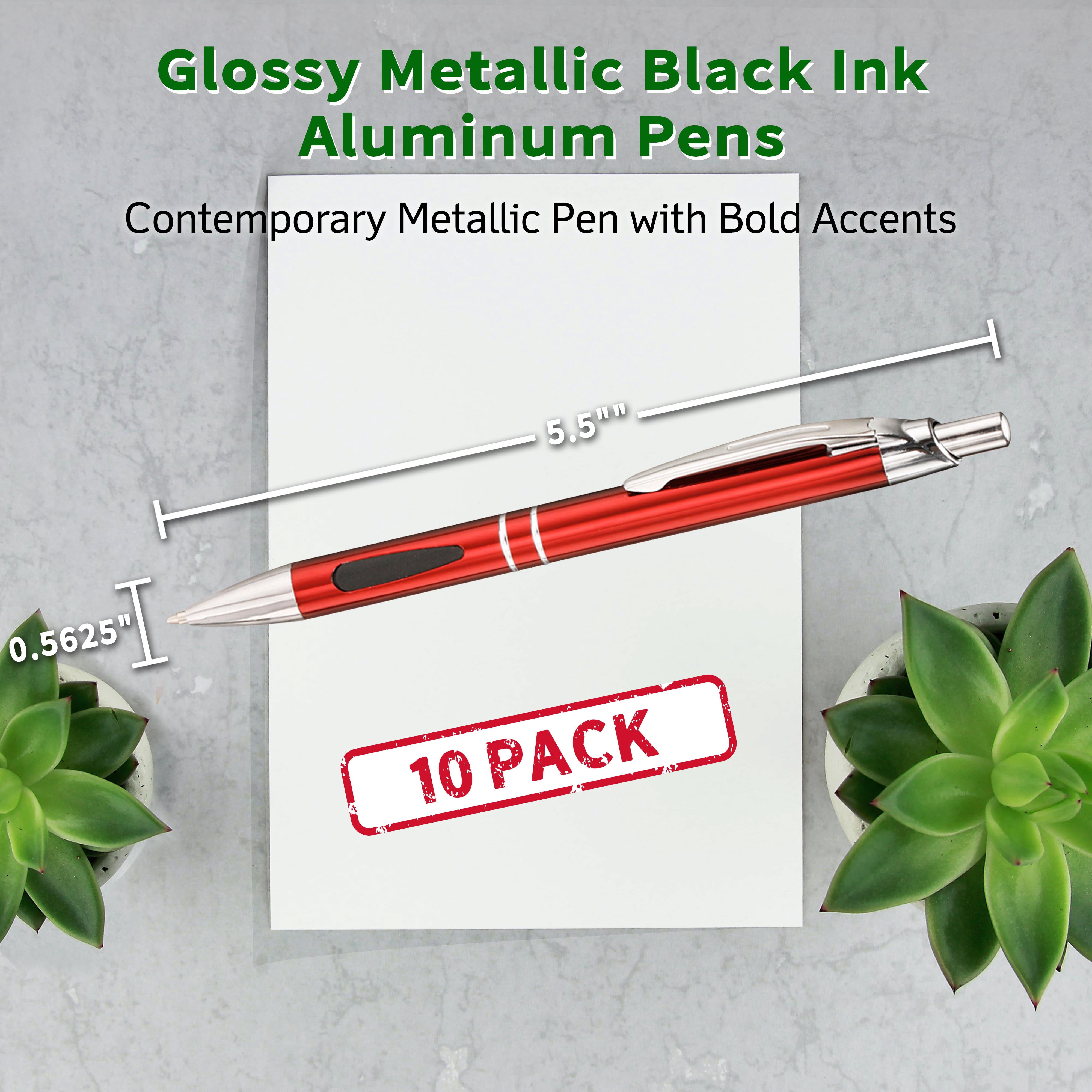 10 Black Ink Metal Pens Pack - Ballpoint, Retractable, Silver accents - Maroon