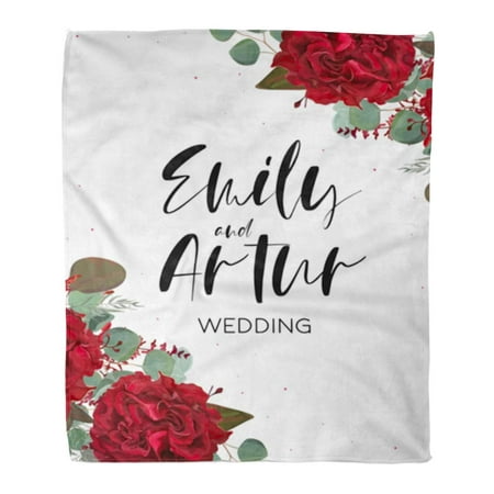 ASHLEIGH Flannel Throw Blanket Wedding Save The Date Floral Bouquet Red Burgundy Rose Soft for Bed Sofa and Couch 58x80