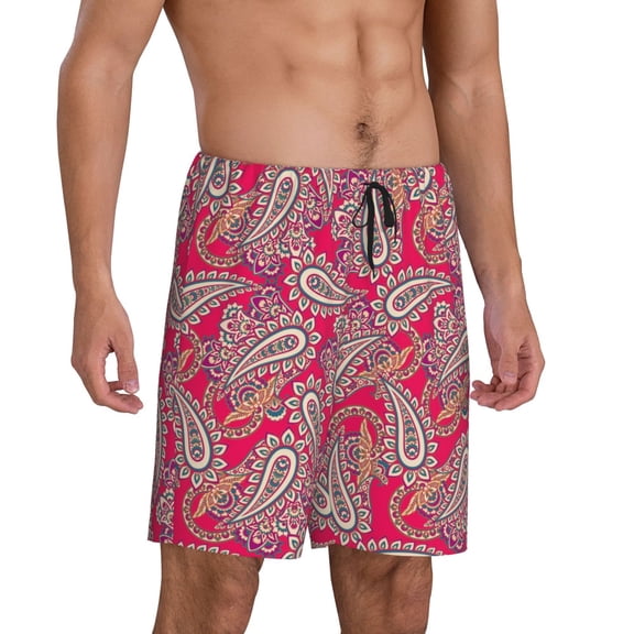 Mens Pajama Pants - Leafy Paisley Red Sleep Shorts Mens Pajama Shorts, Comfy Pj Pants for Mens Lounge Shorts
