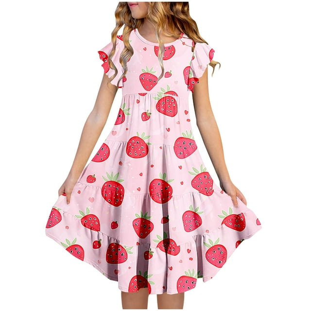 Zpanxa Robes Florales pour Filles Été Manches Courtes Manches Volantées Col Rond Imprimé de Fleurs Taille Poche Robe Superposée Polyester Spandex Multicolore 12-13 Ans