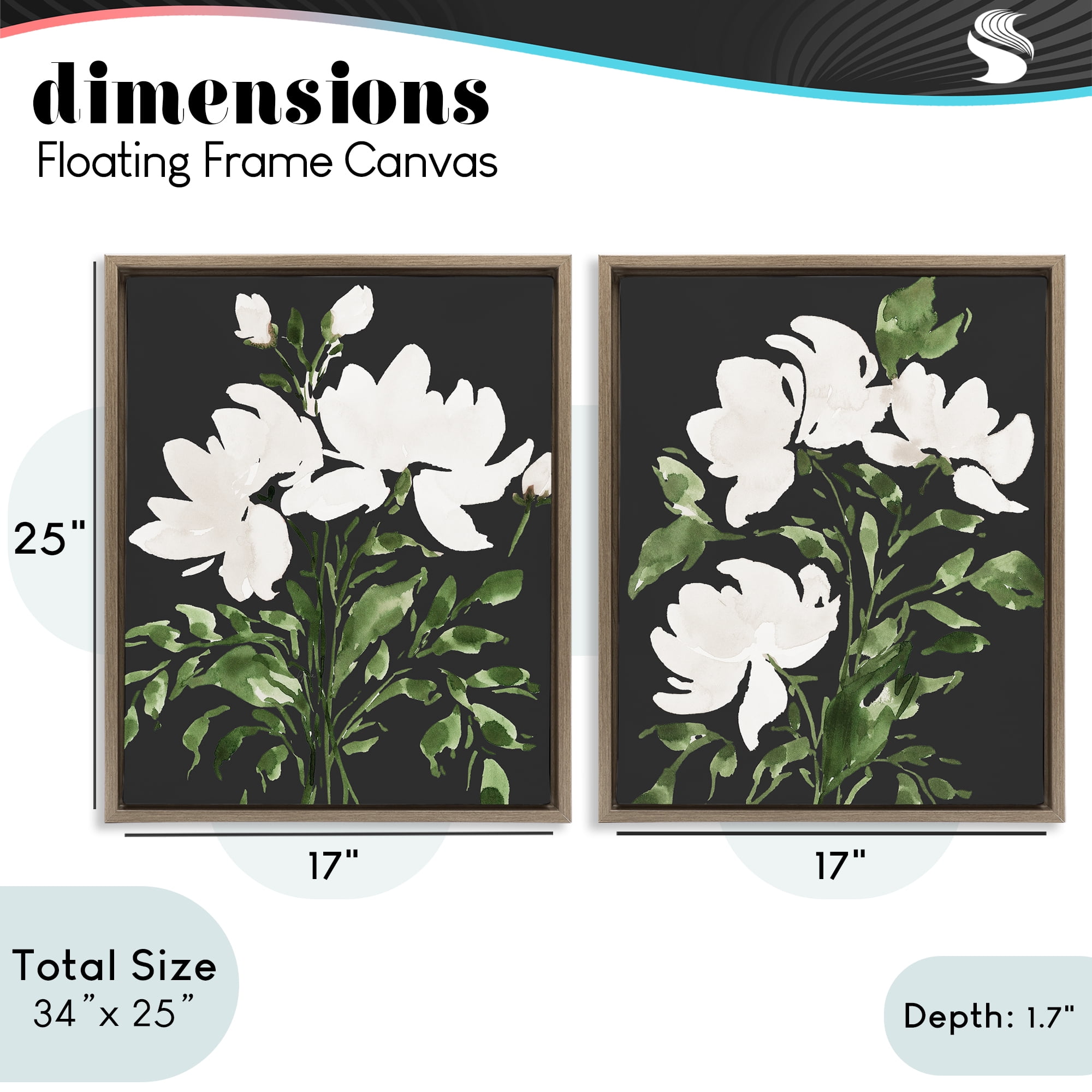 Stupell Industries White On Black Blooms 2 Piece Brown Framed Floater Canvas Set, design by Lucille Price
