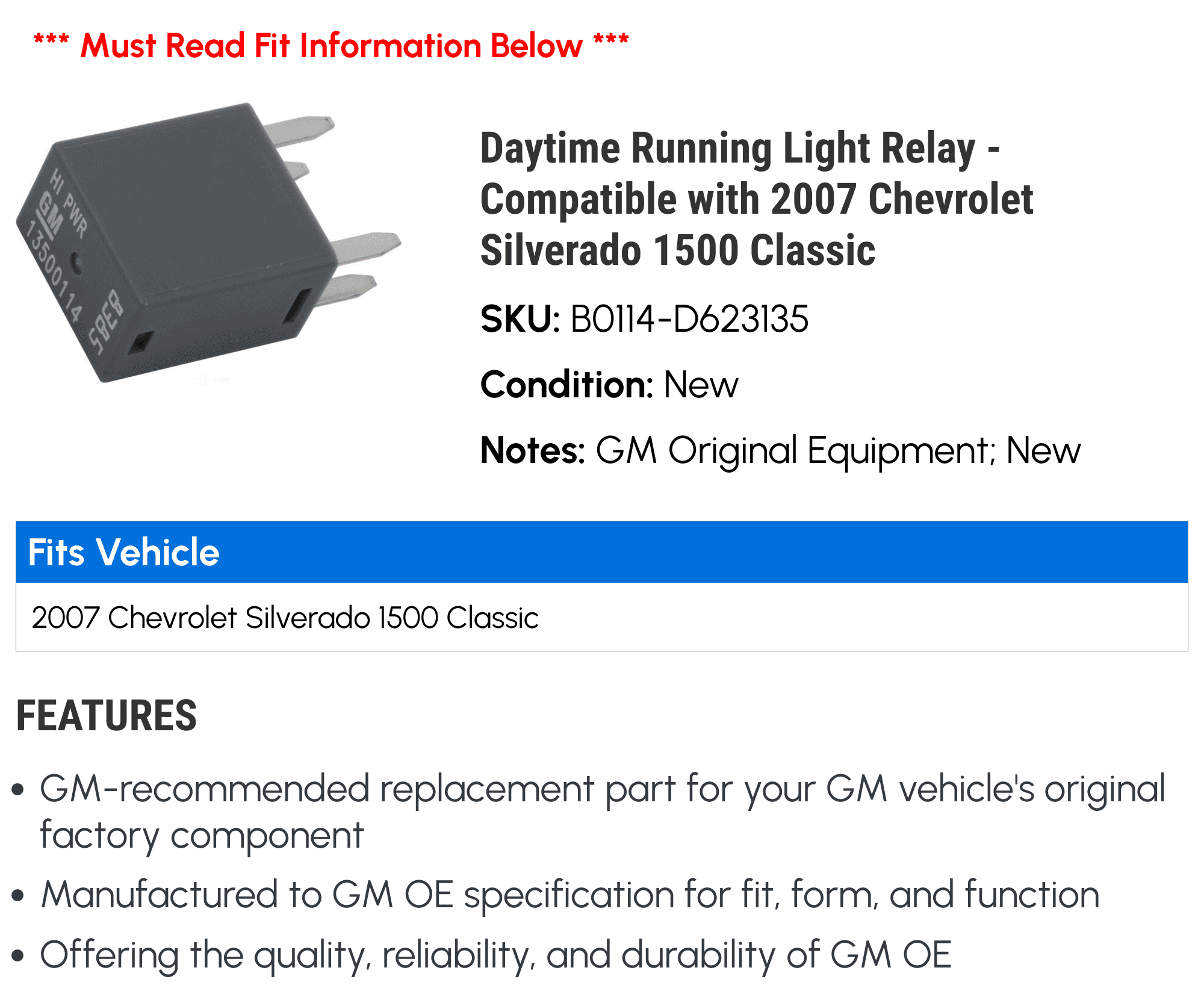 Daytime Running Light Relay - Compatible with 2007 Chevy Silverado 1500 Classic
