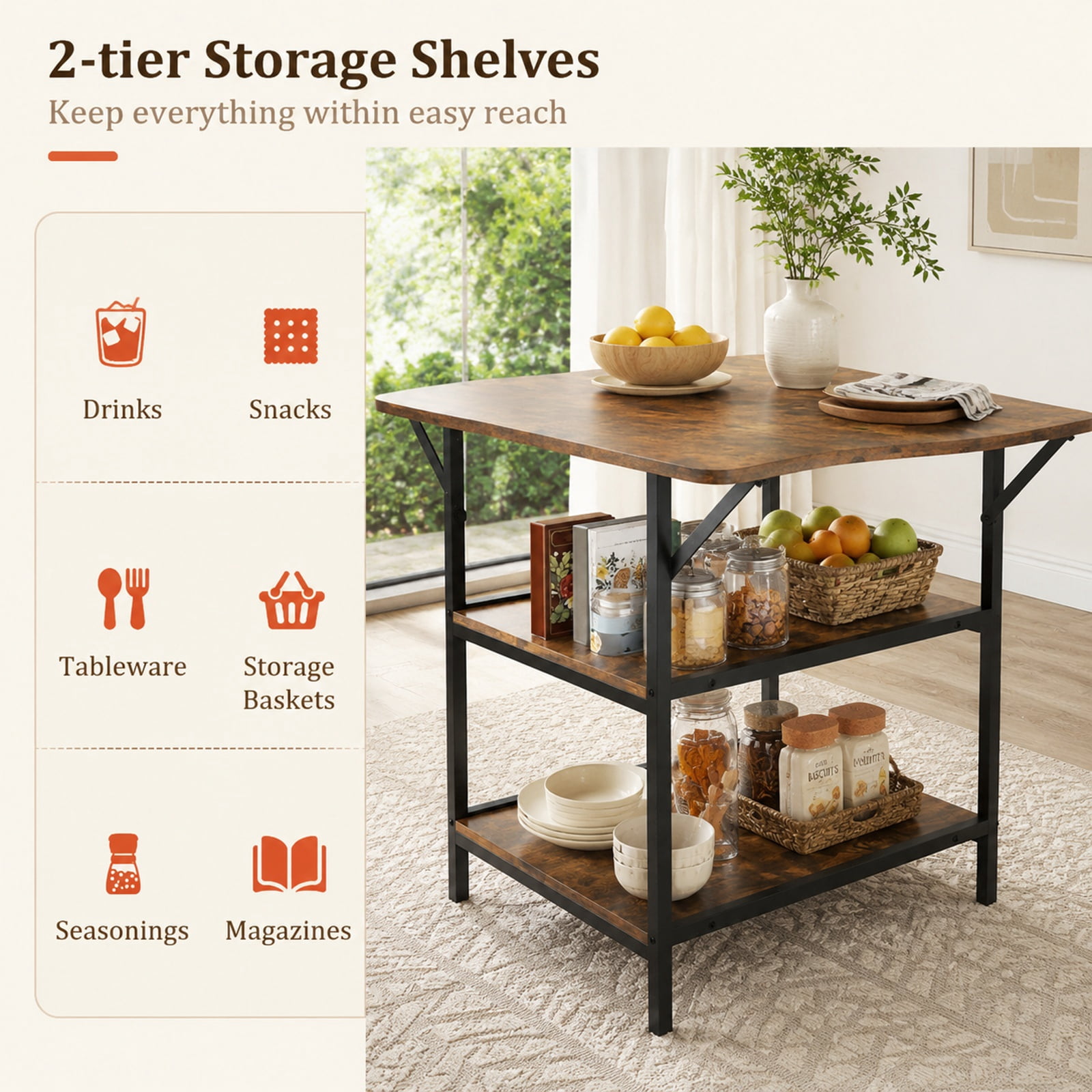 Furnibear 47 Inch Rectangular Dining Table for 4 to 6 with 2 Open Storage Shelves and Sturdy Metal Legs for Kitchen and Dining Room, Rustic Brown