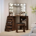 thumbnail image 1 of Corner Vanity and Stool, Corner Vanity Desk with Mirror and Lights, Corner Makeup Vanity with Power Outlet, 3 Color & Brightness Adjustable Light, 1 of 6