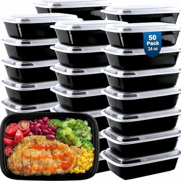 50 Pack (100-Piece) Meal Prep Containers 24 oz, Leakproof Plastic Food Storage Containers with Lids, Disposable To Go Food Containers, BPA-Free, Stackable, Microwave, Dishwasher & Freezer Safe