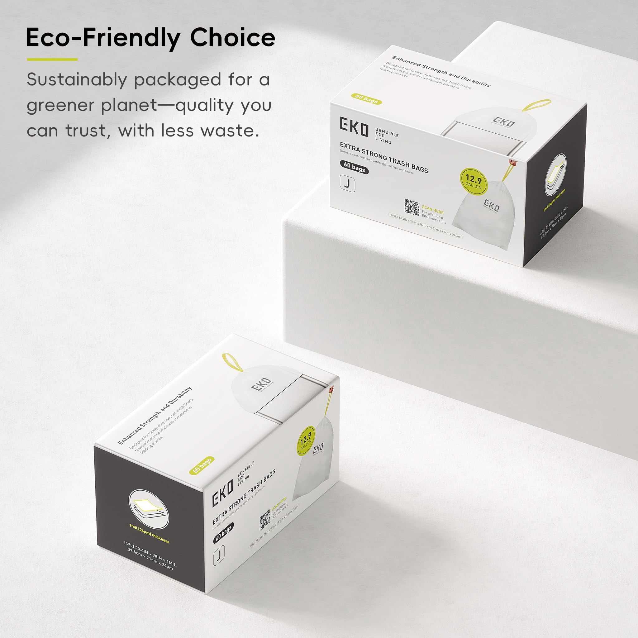 Eko 12.9 Gallon / 45-49 Liter  60 Count Drawstring Trash Bags Extra-strong Unscented Garbage Easy-dispense Roll For Kitchen & Household Use Resists Tears Leaks And Punctures Code J White