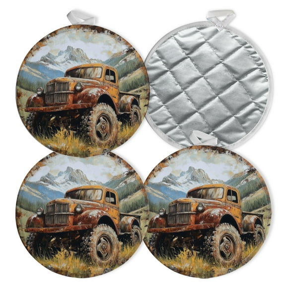 4 PCS Pot Holders for Kitchen,Potholders Sets with Hook for Oven,Cooking,Baking,Vintage Truck With Large Tires