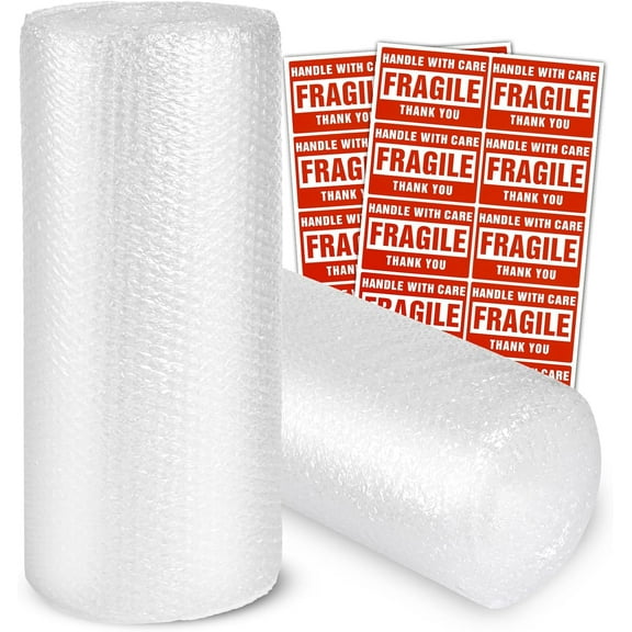 2-Pack Bubble Cushioning Wrap Rolls, 3/16" x 17" x 72' ft Total, Perforated 12" 20 Fragile Stickers for Shipping, Packaging, Mailing