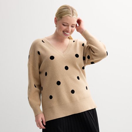 Plus Size Catherine Malandrino Long Sleeve Pullover Sweater Color: Camel Polka Dot Size: 1X