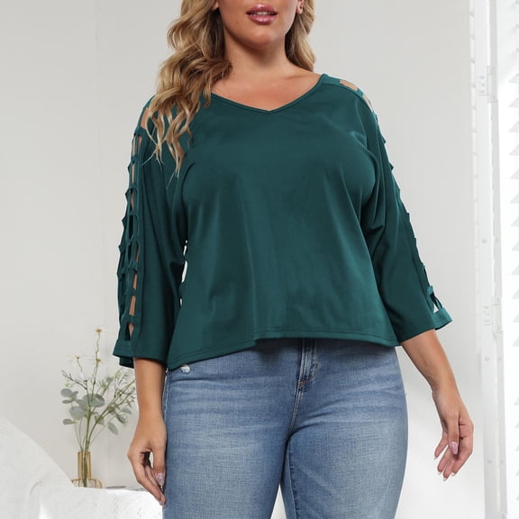 CLOISE 3/4 Length Sleeve Womens Tops Plus Size Shirts V Neck Casual Pullover Solid Color Summer Blouses Green 3XL