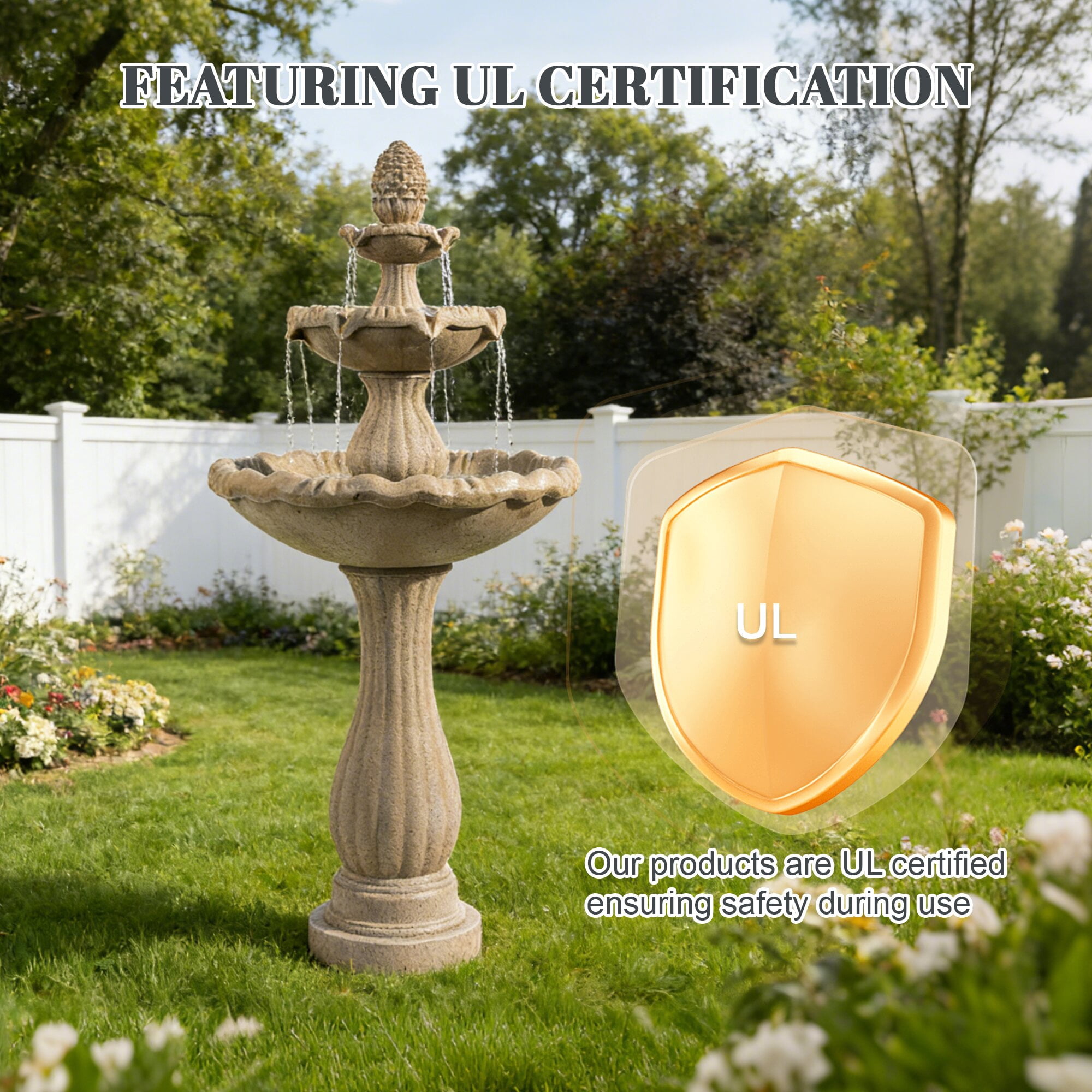 Kaluomm 48" 3-Tiers Outdoor Water Fountain, Italian Pineapple Large Cascading Waterfall Fountains, Weather-Resistant Resin Freestanding Fountain Features for Garden Patio Backyard, Beige