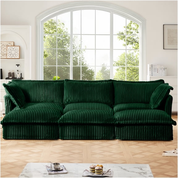 JERFIT 3-Piece Modular Cloud Sofa Set with Ottomans, Convertible Sleeper Sectional Couch, Plush Corduroy Fabric, Green