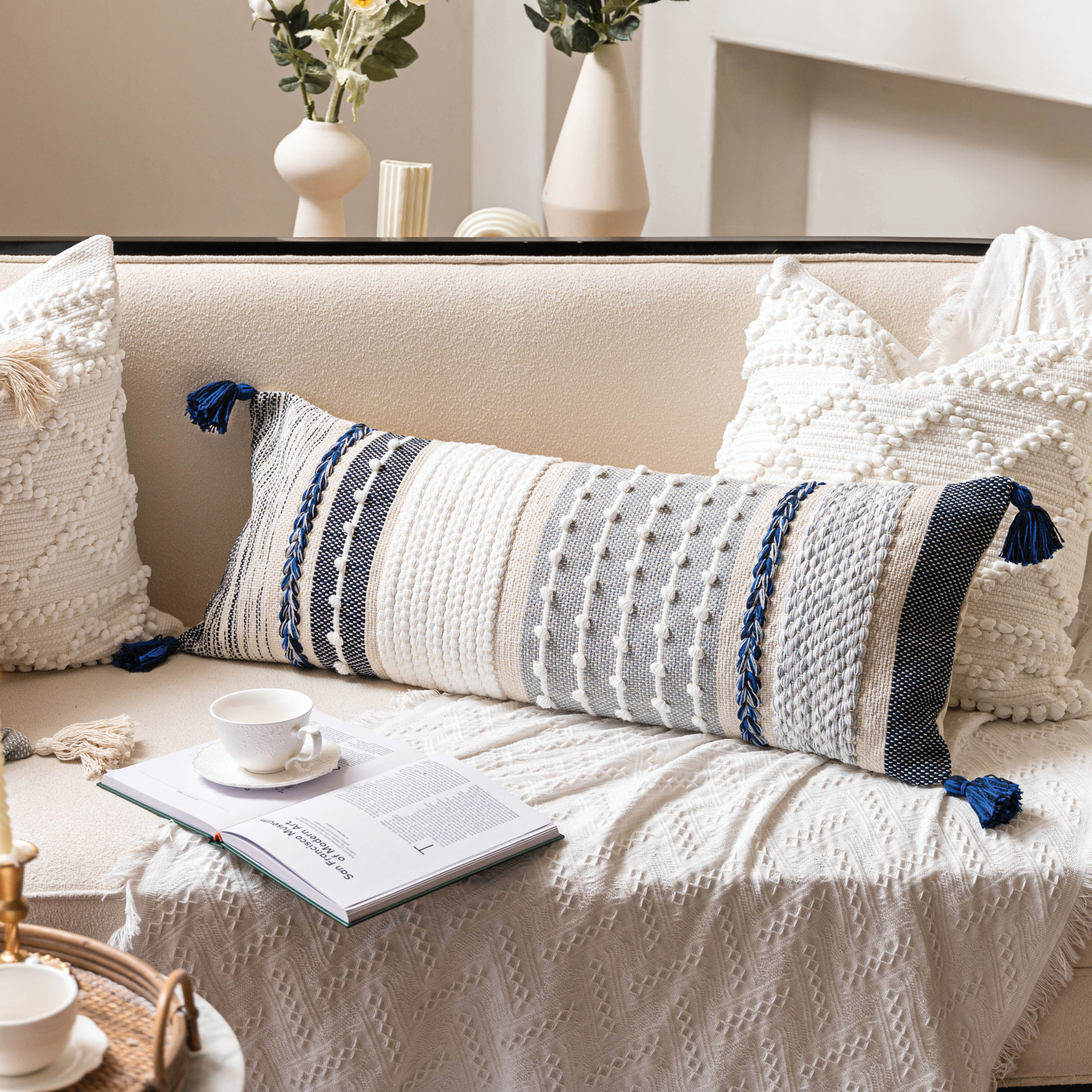 BlissBlush Navy Dark Blue Boho Decorative Lumbar Pillow Cover 14x36, Long Body Pillow for Bed, Accent Lumbar Throw Pillow for Couch, Modern Farmhouse Textured Pillowcase