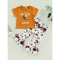 thumbnail image 2 of Sunloudy Toddler Girls Summer Outfit, Short Sleeve Cattle Head Print Tops + Geometric Pattern/Cow Print Flared Pants, 2 of 9