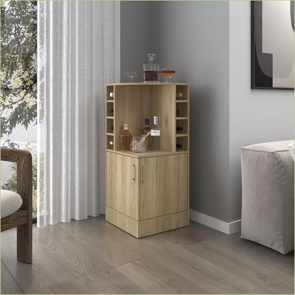 Corner Bar Cabinet with Wine Rack, Open Shelves & Hidden Storage, Natural Oak | Modern | Medium (40-55in)